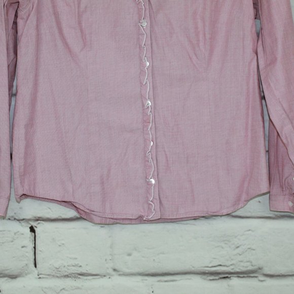 LL Bean Pink Collared V Neck Button Front Ruffle Dress Shirt Size M - Picture 3 of 8